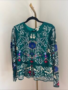 Sundance Teal Floral Embroidered Long-Sleeve Blouse